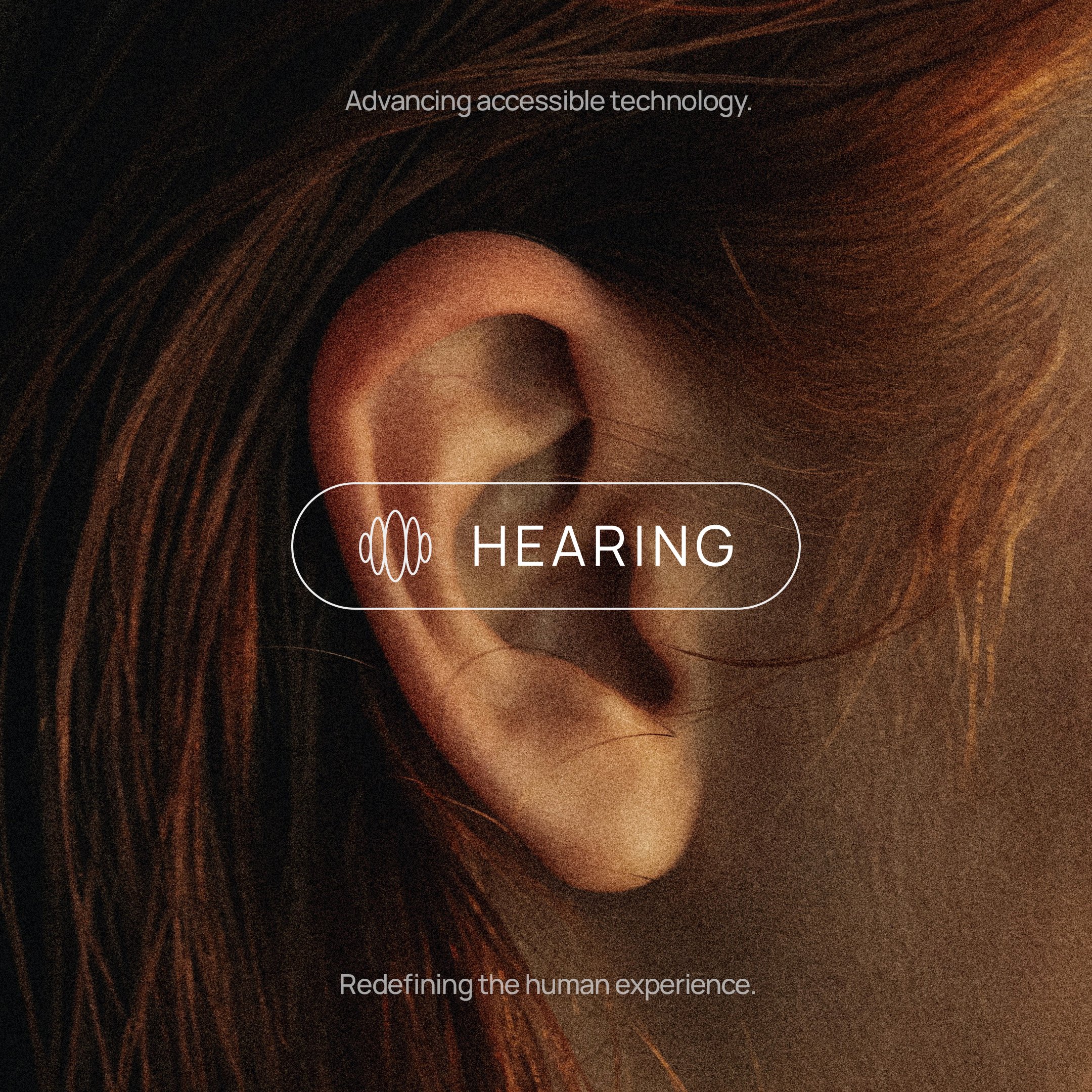 Close-up of an ear with A11Y overlay copy about advancing accessible technology.