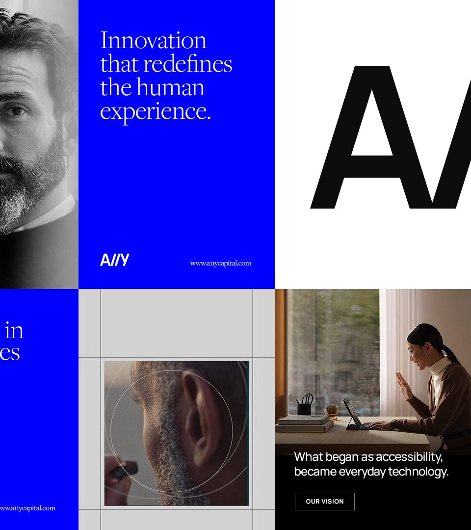 A11Y brand collage of portrait, type, and accessibility technology scenes.
