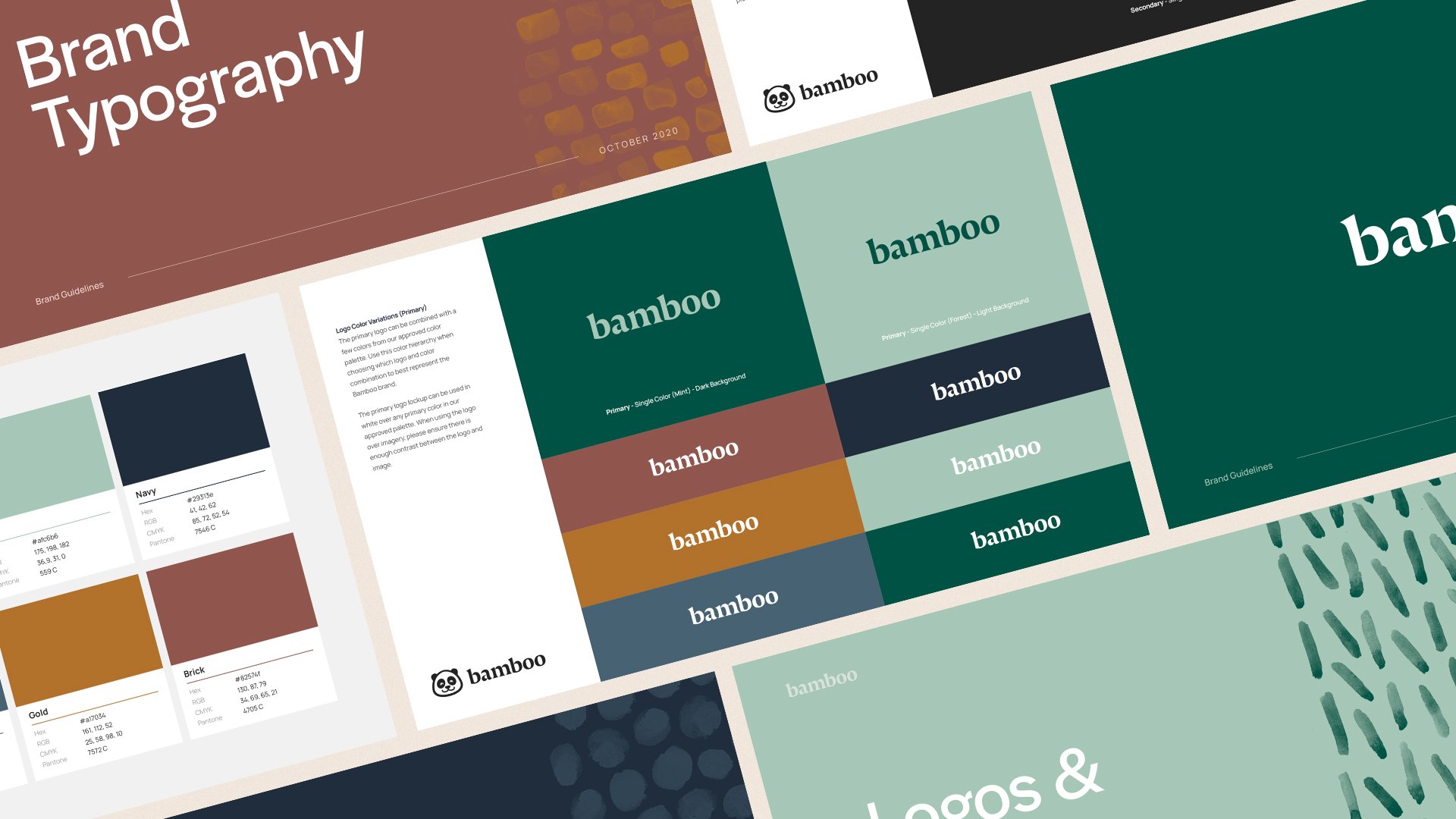 Bamboo brand guidelines showing color, logo, and type examples.