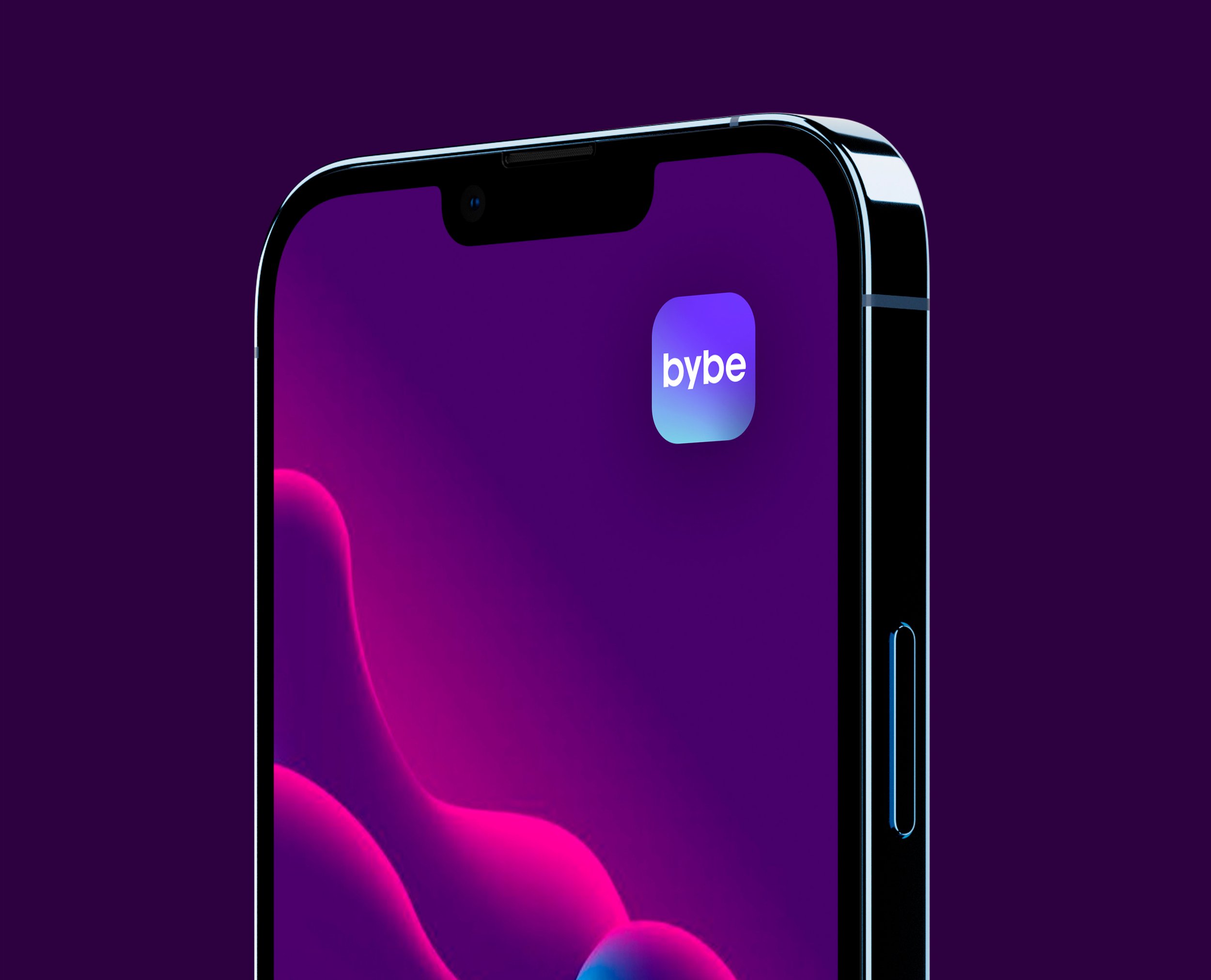 Smartphone home screen with the Bybe app icon on a purple field.