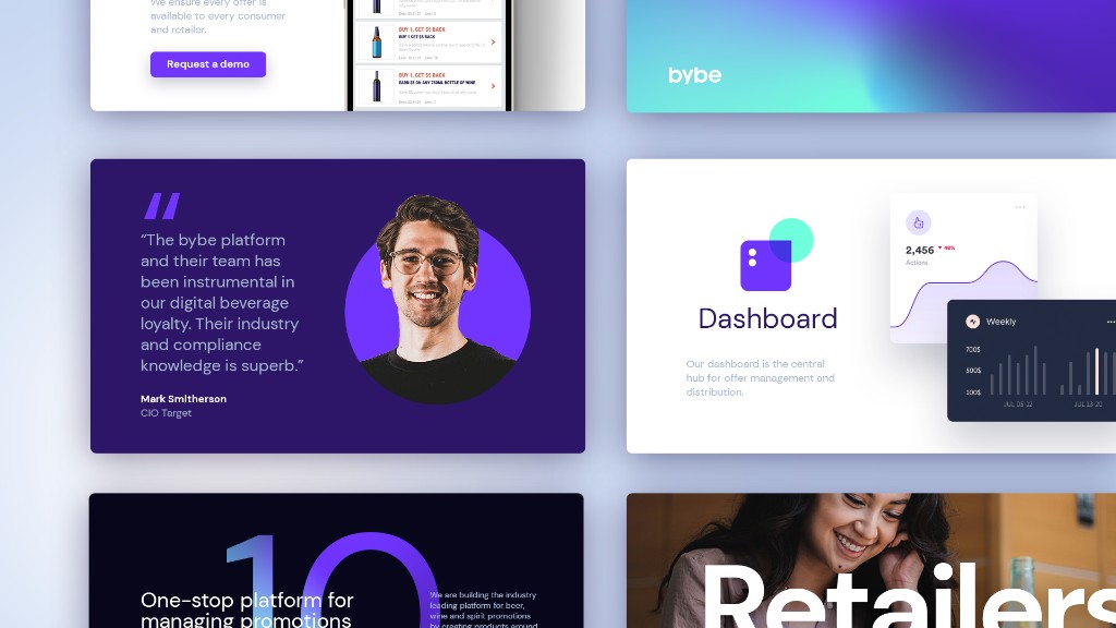 Bybe brand and product slides, including a quote, dashboard, and retailer story.