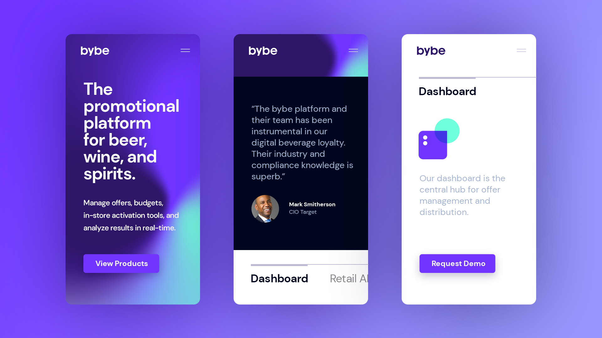 Three Bybe mobile screens for loyalty, reviews, and offer management.
