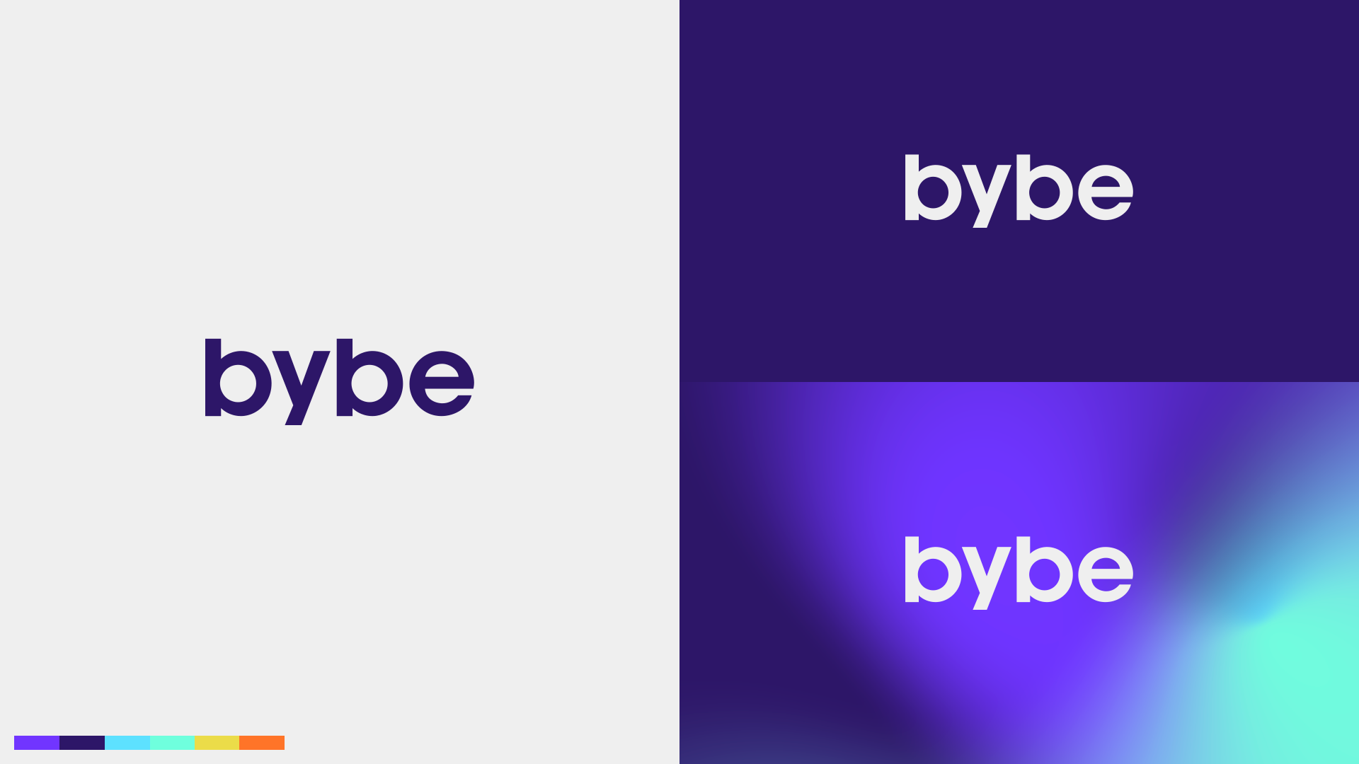 Bybe logomark shown across light, dark, and purple brand fields.