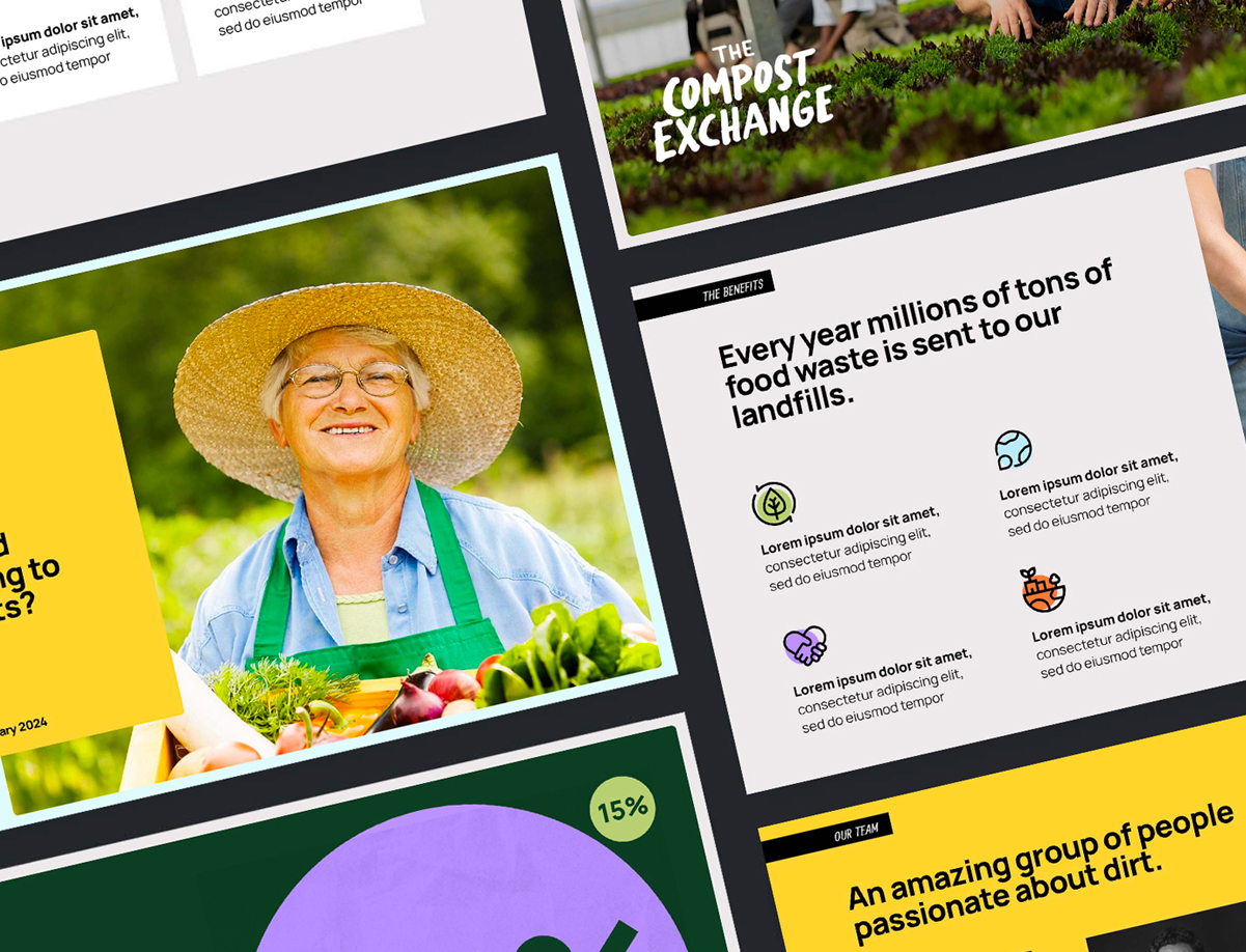 Compost Exchange presentation deck collage with brand slides and statistics.