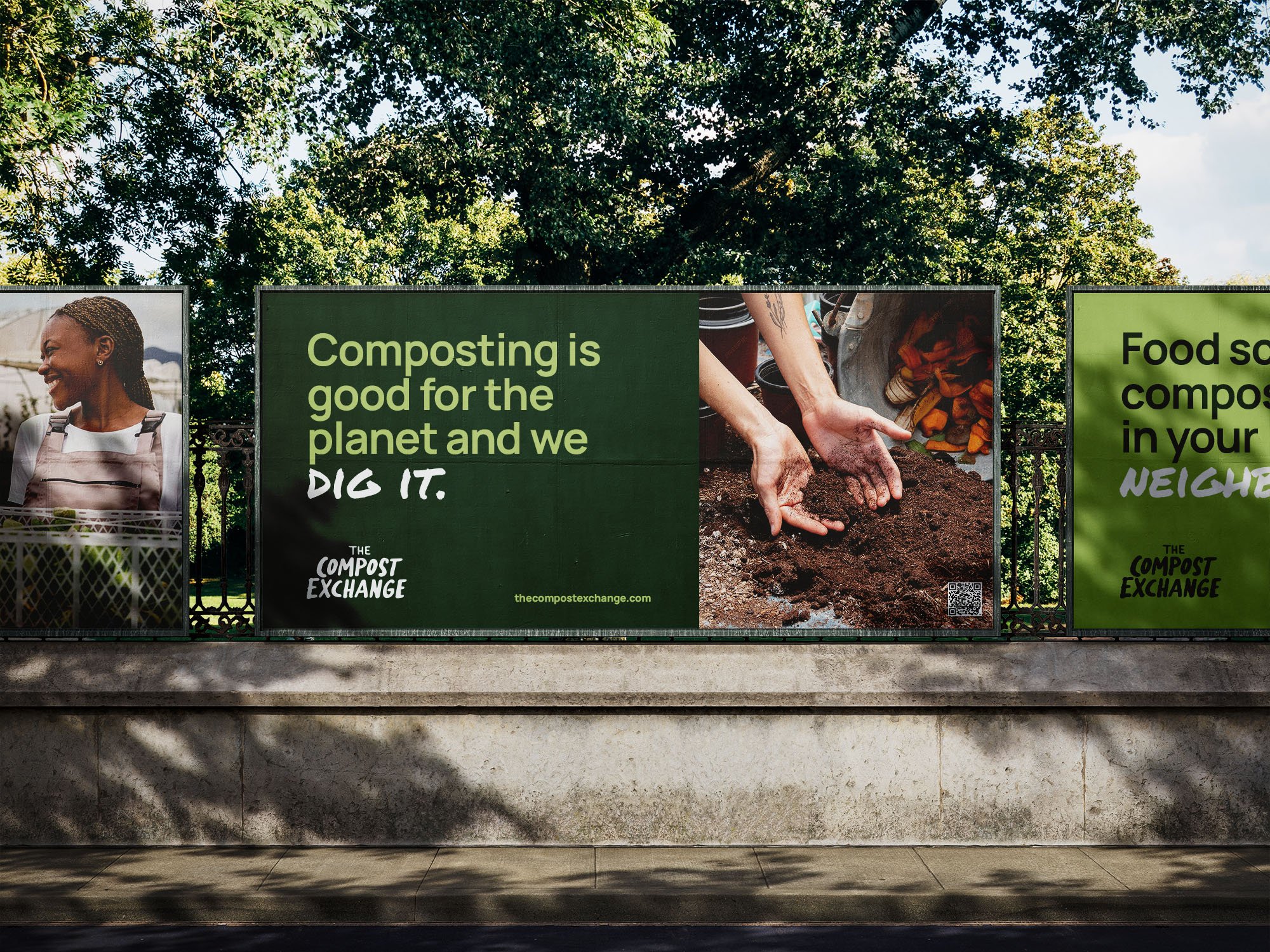 Outdoor Compost Exchange billboard with a smiling woman and a person planting soil.