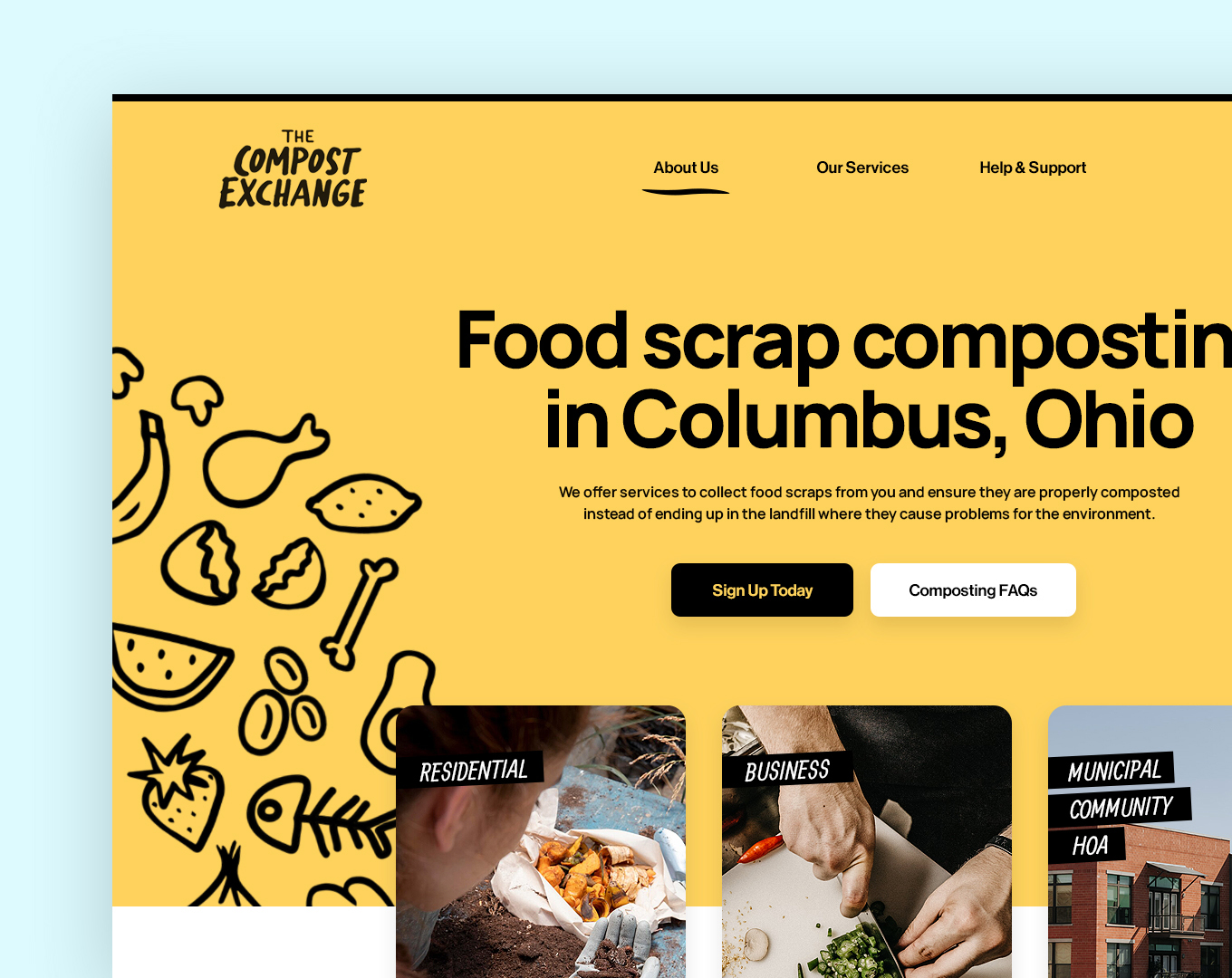 Compost Exchange homepage with food-scrap composting in Columbus and residential, business, and municipal paths.