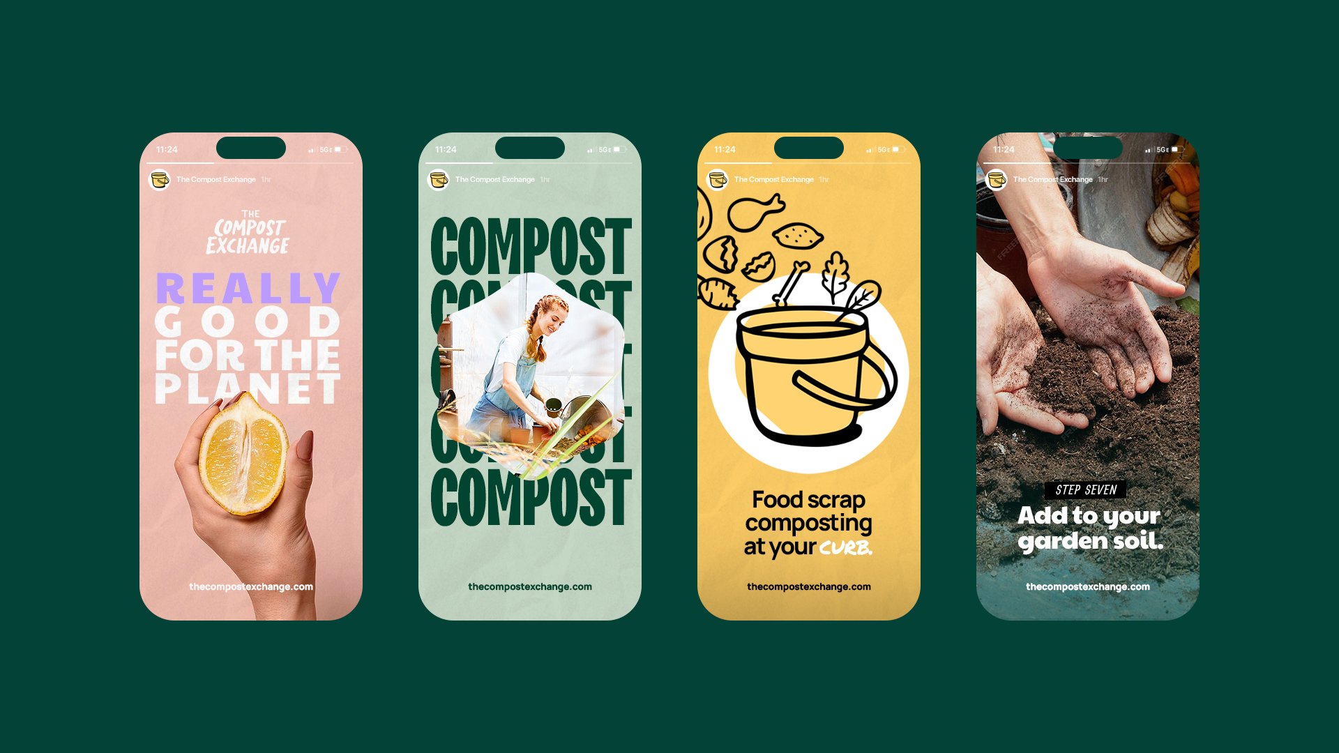 Four Compost Exchange social posts about composting and garden soil.