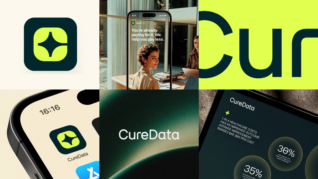 CureData brand collage with app icon, wordmark, product stills, and type.