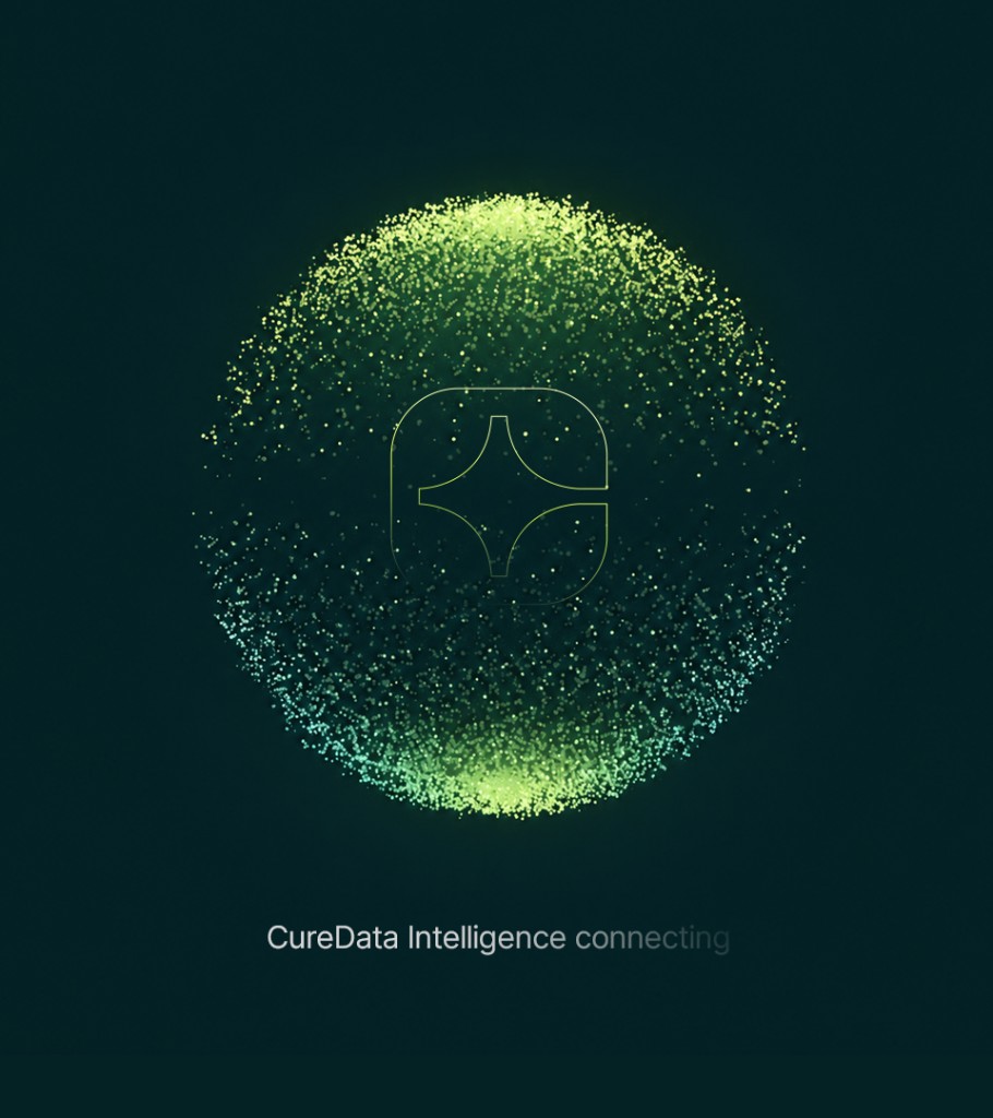 Outlined CureData mark inside a lime particle field, captioned CureData Intelligence connecting.