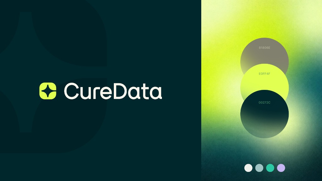 CureData wordmark lockup beside the lime, forest, and charcoal palette.