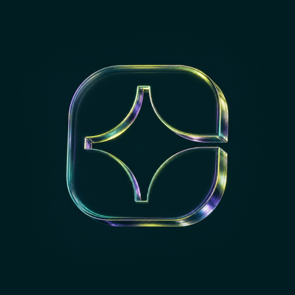 Glass CureData logomark with an iridescent edge on a dark field.