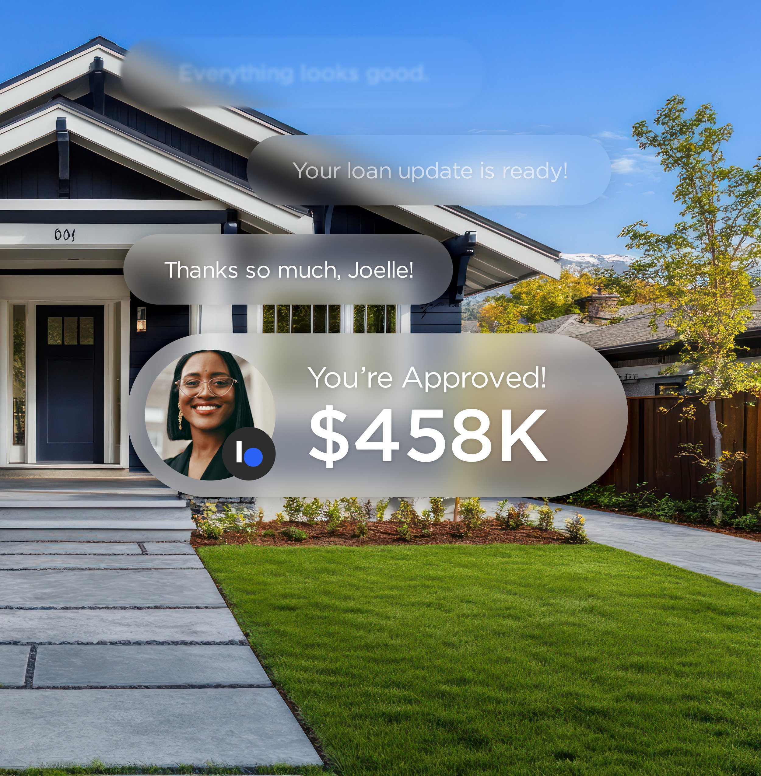 Home listing with a loan-approval message overlay for $458,000.