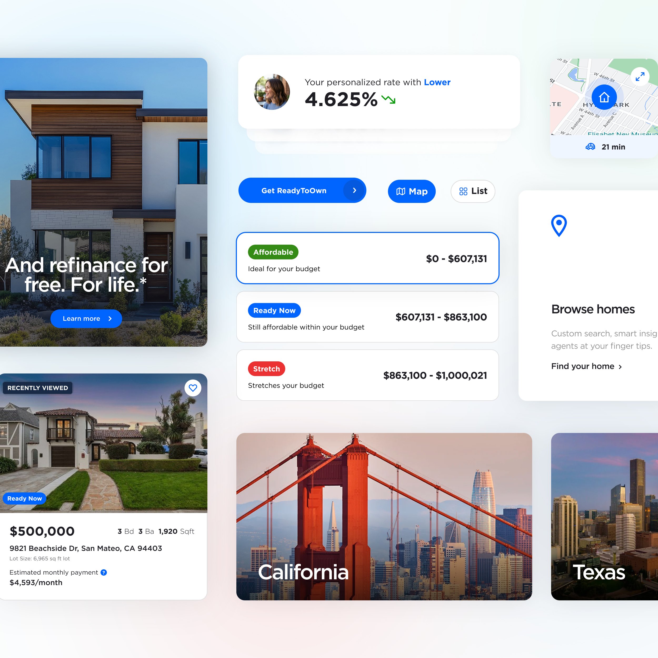 Real estate website showing home listings, a map, and mortgage options.