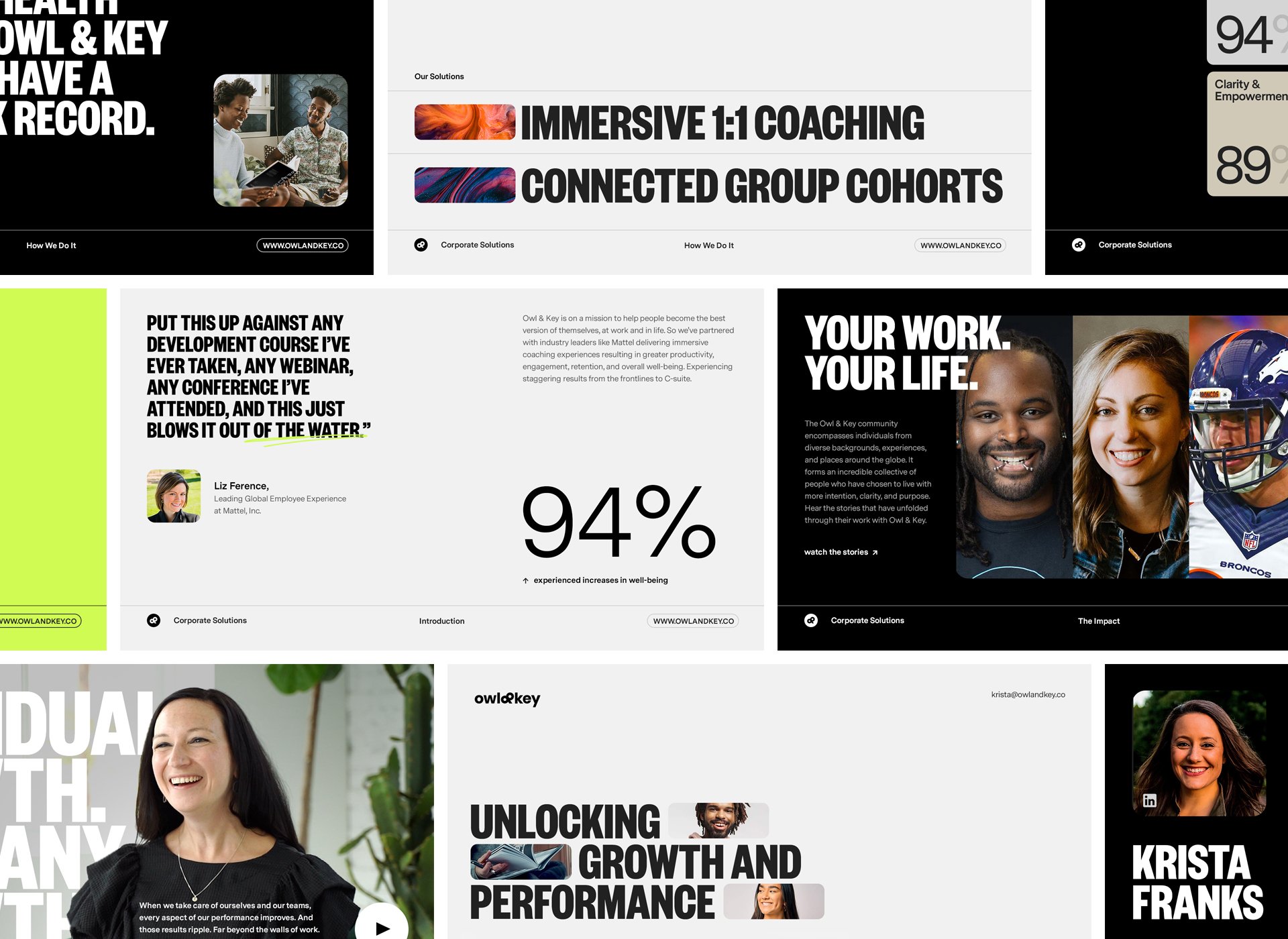 Owl & Key presentation slides covering coaching, cohorts, and impact.
