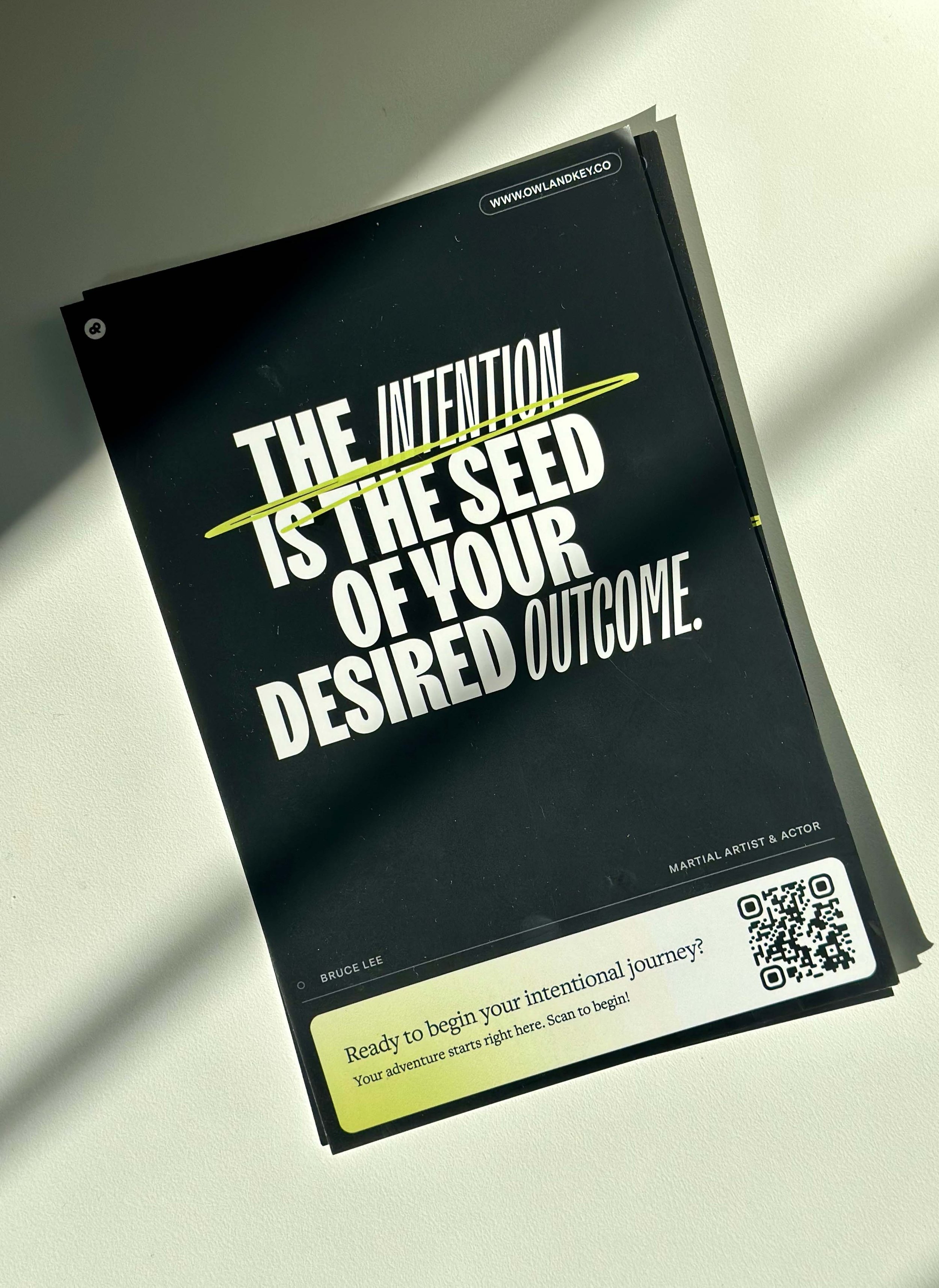 Owl & Key card with the line “The intention is the seed of your desired outcome” and a QR code.