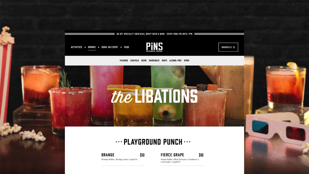 Pins drinks page for Nashville, with Playground Punch cocktails over a lineup of glasses.