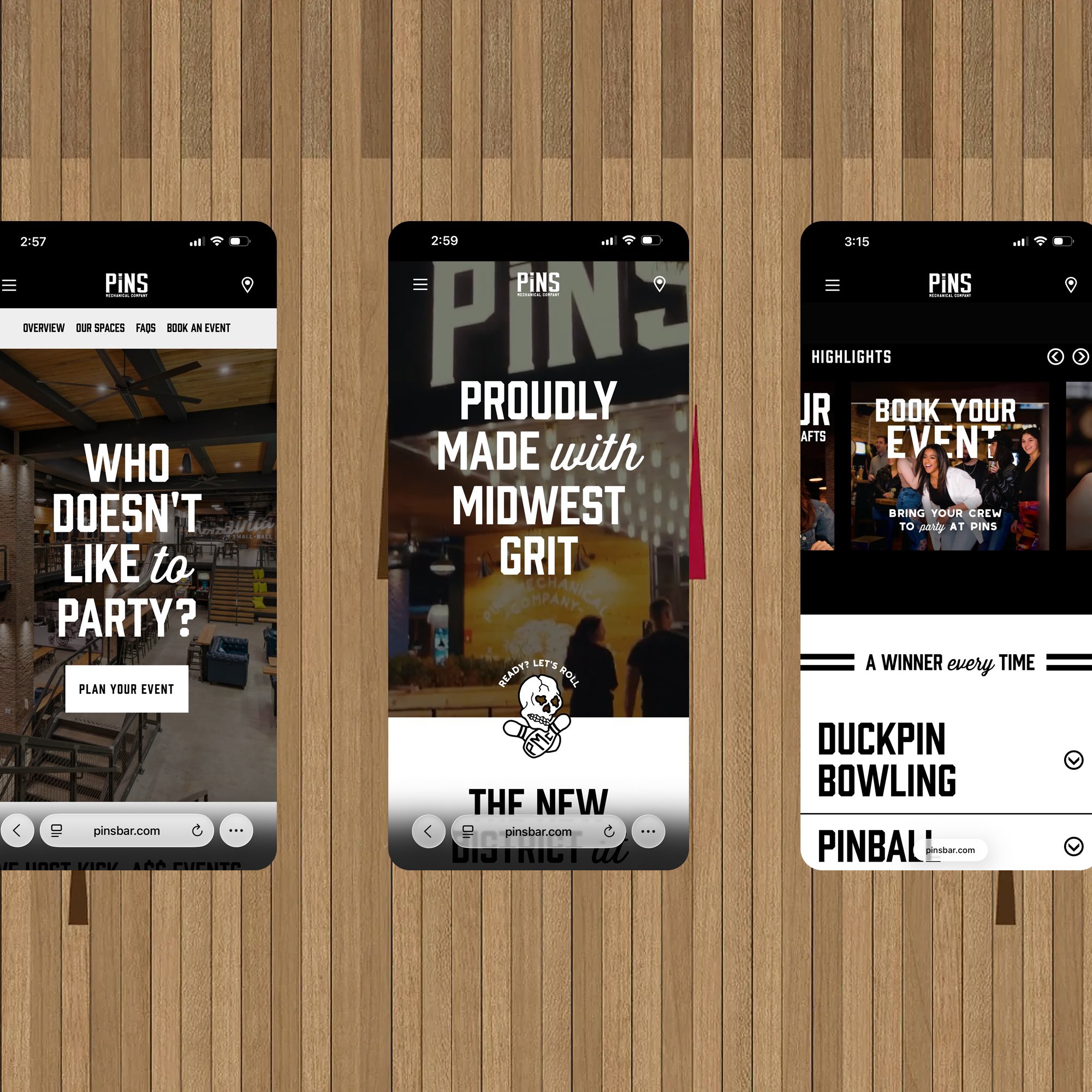 Three phones showing Pins venue, menu, and booking screens.