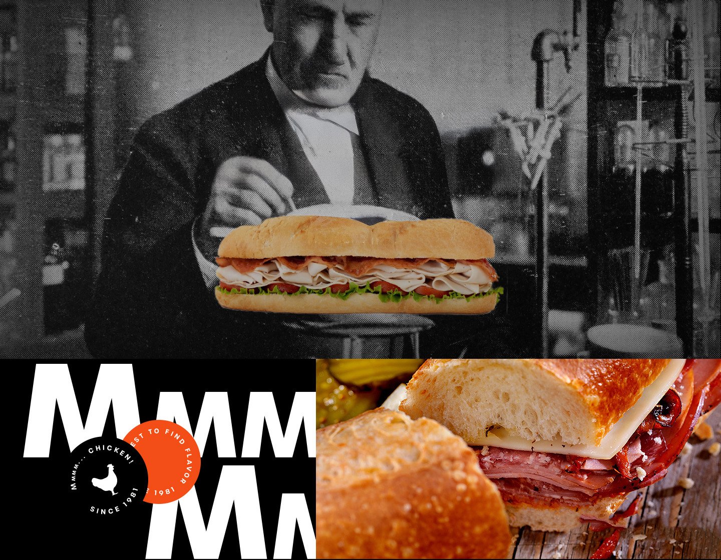 Black-and-white portrait of a man in a suit holding a sandwich, with inset sandwich details.