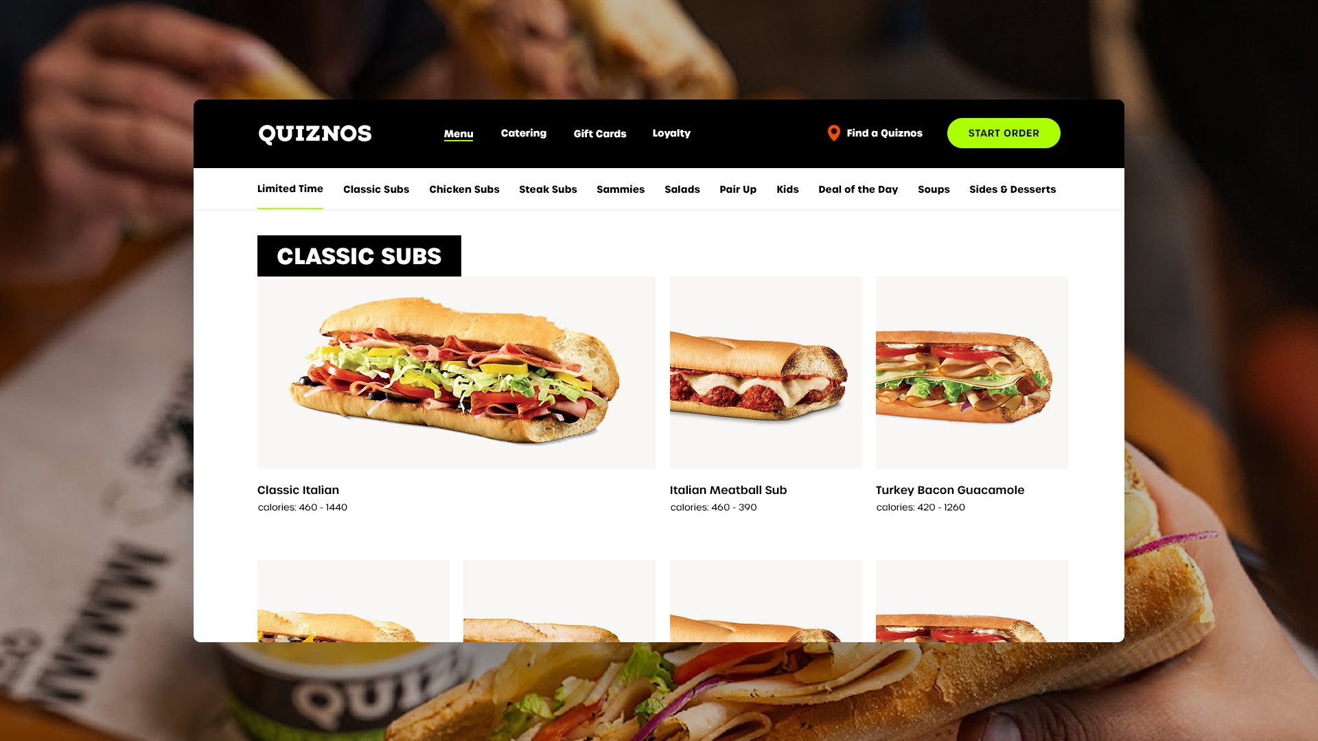 Quiznos menu page featuring Classic Italian, Italian Meatball Sub, and Turkey Bacon Guacamole.