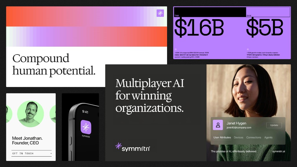 symmitri brand collage with gradient, type, and product fragments.