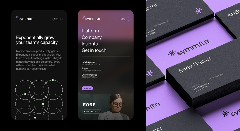 symmitri mobile screens beside black business cards.
