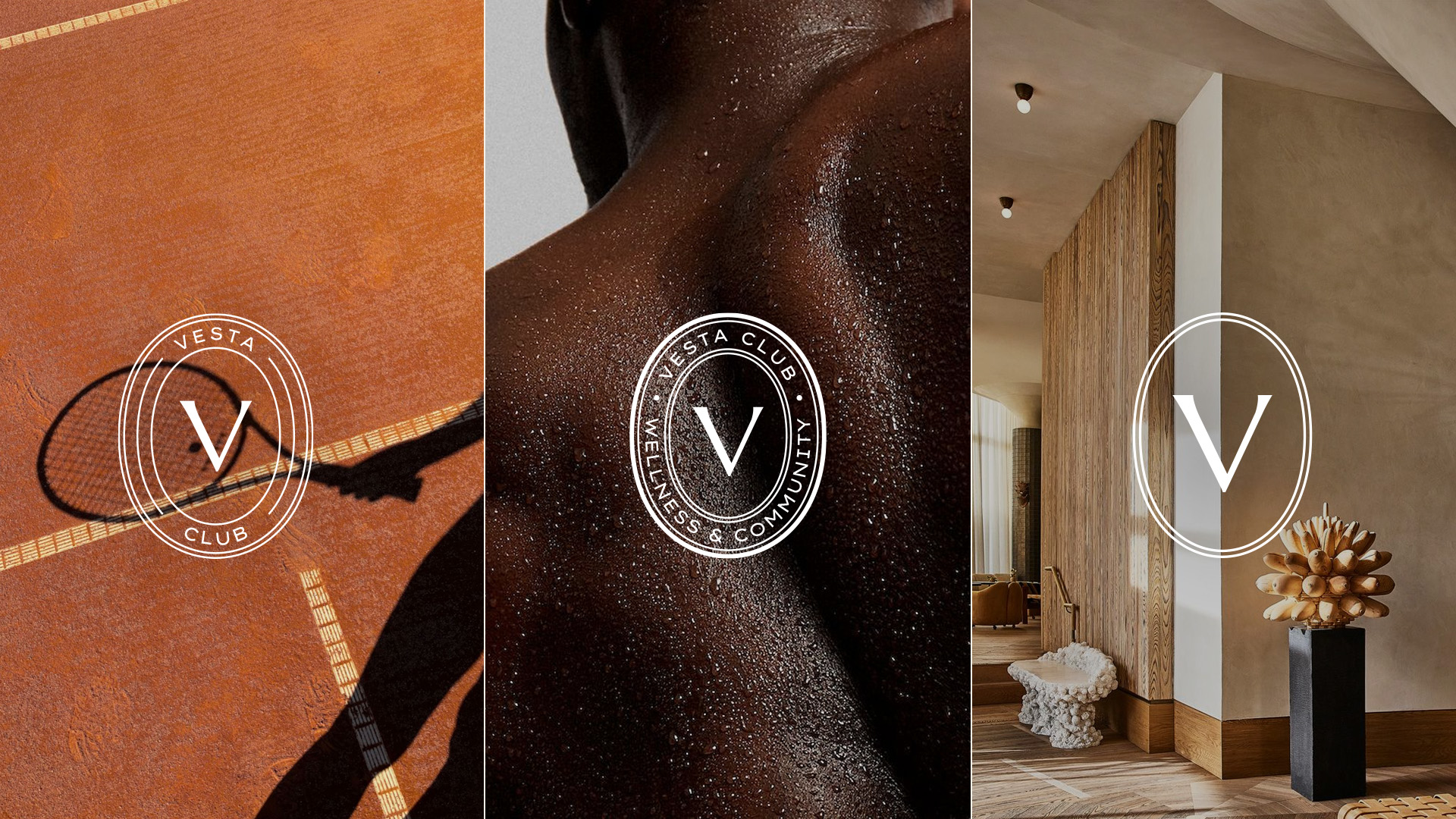 Three Vesta secondary marks over a clay court, a figure’s back, and a club interior.