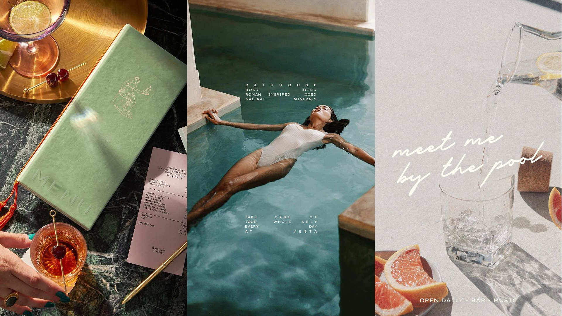 Three Vesta brand scenes: a menu and drink, a bathhouse pool, and a poolside bar.
