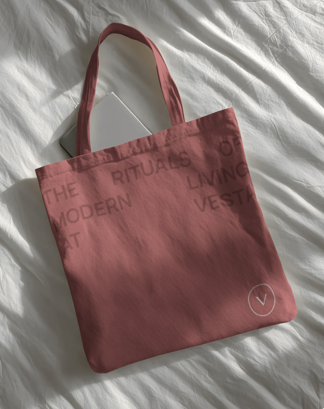 Pink Vesta tote on a crumpled white cloth, with a laptop inside.